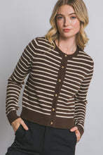 Load image into Gallery viewer, "The Montauk Cardigan" Chocolate Brown Stripped Cardigan w/ Gold Button Detail