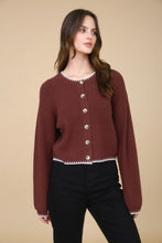 Load image into Gallery viewer, "Chestnut Charm" Chocolate Brown Cardigan w/ white stitching detail