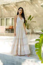 Load image into Gallery viewer, &quot;The Hamptons&quot; Beige Flare Halter Maxi Dress w/ Crochet Top Detail

