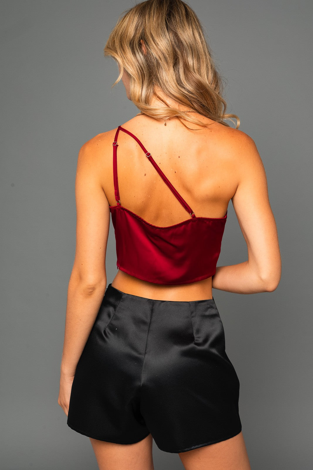Pink Moon Main Attraction Red Contrast Mesh One Shoulder Spaghetti Strap Top Medium