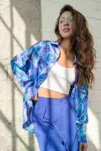 Load image into Gallery viewer, &quot;Aquamarine&quot; Blue Printed Satin Button Down Top
