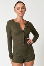 Load image into Gallery viewer, &quot;Fall Movie Date&quot; Olive Green Knit Thermal Button Down Romper

