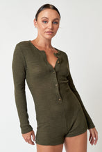 Load image into Gallery viewer, &quot;Fall Movie Date&quot; Olive Green Knit Thermal Button Down Romper
