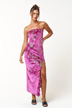 Load image into Gallery viewer, &quot;Guest Of Honor&quot; Magenta Maxi Tube Dress w/ Gold Floral Pattern
