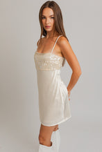 Load image into Gallery viewer, &quot;White Christmas&quot; Sequin &amp; Satin Spaghetti Strap Mini Dress

