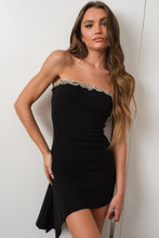 Load image into Gallery viewer, &quot;Dream Date&quot; Black Asymmetrical Knit Mini Dress w/ Jewel Trim
