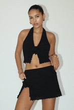 Load image into Gallery viewer, &quot;Midnight Kiss&quot; Hatler Neck Black Skirt Set with/ Rose Detail
