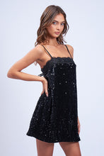 Load image into Gallery viewer, &quot;Holiday Shimmer&quot; Black Velvet Sequin Flare Mini Dress w/ Lace Detail
