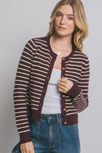 Load image into Gallery viewer, &quot;The Montauk Cardigan&quot; Chocolate Brown Stripped Cardigan w/ Gold Button Detail
