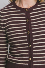Load image into Gallery viewer, &quot;The Montauk Cardigan&quot; Chocolate Brown Stripped Cardigan w/ Gold Button Detail
