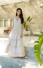 Load image into Gallery viewer, &quot;The Hamptons&quot; Beige Flare Halter Maxi Dress w/ Crochet Top Detail
