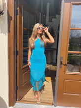 Load image into Gallery viewer, &quot;Baha Mar Dreaming&quot; Turquoise Knit Blue Halter Midi Dress w/ Fringe Detail

