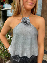 Load image into Gallery viewer, &quot;Silver Rose&quot; Metallic Rosette Halter Top
