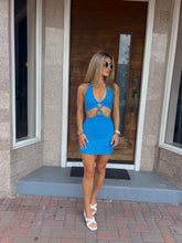 Load image into Gallery viewer, &quot;Delray Dream&quot; Blue Halter O-Ring Cut Out Mini Dress
