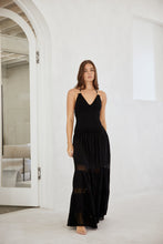 Load image into Gallery viewer, &quot;The Hamptons&quot; Black Flare Halter Maxi Dress w/ Crochet Top Detail
