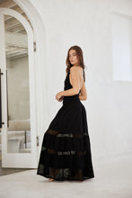 Load image into Gallery viewer, &quot;The Hamptons&quot; Black Flare Halter Maxi Dress w/ Crochet Top Detail
