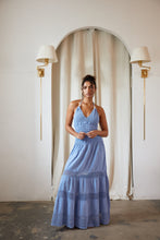Load image into Gallery viewer, &quot;The Hamptons&quot; Light Blue Flare Halter Maxi Dress w/ Crochet Top Detail
